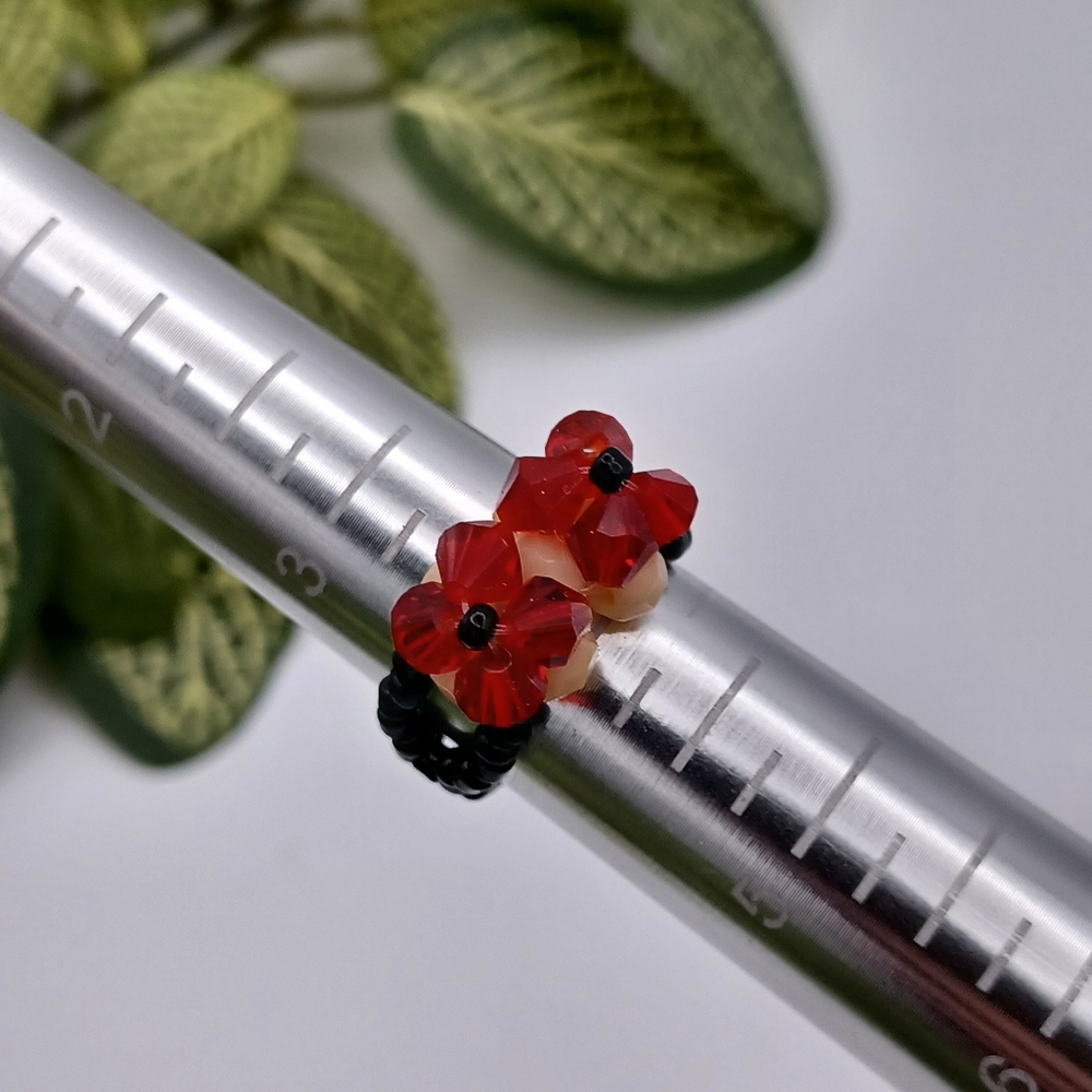 Handcrafted Red and Black Beaded Ring